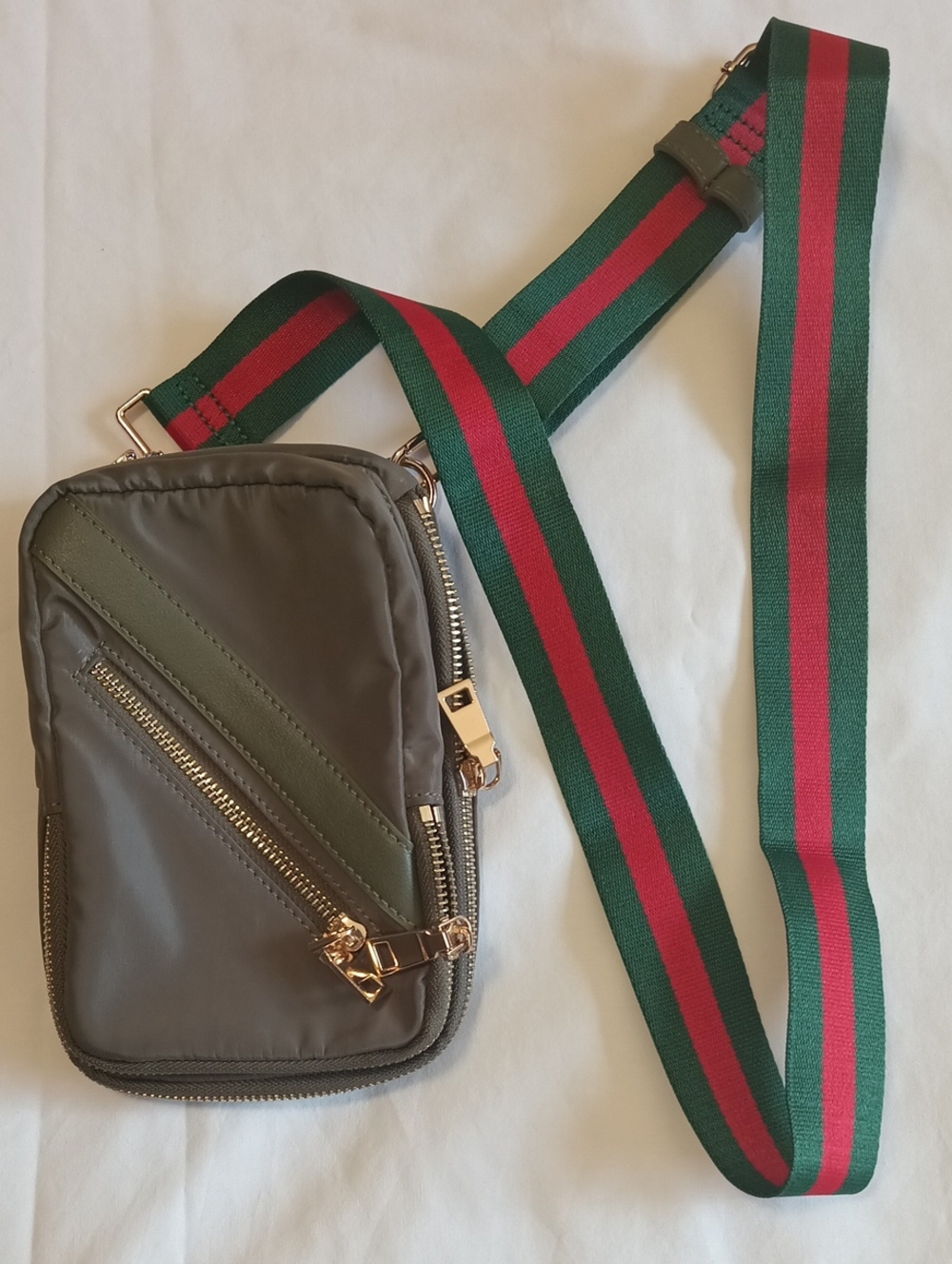 Women's Olive Green Crossbody Sling Bag with Striped Webbing Strap
